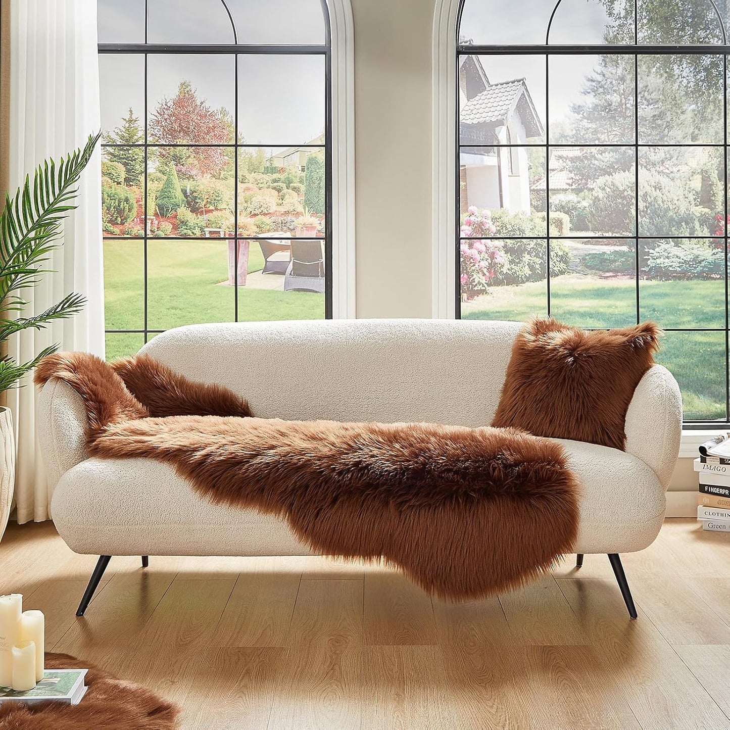 AMTOVO Faux Sheepskin Rug, Coffee Ultra Soft Fluffy Shag Area Rug, 2 x 6 ft Faux Fur Rug for Bedroom Sofa Throw Cushion Room Decor, Sheepskin