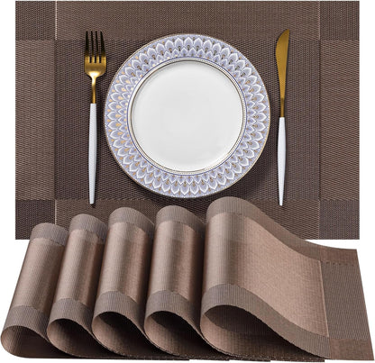 LEXMORE Placemats Set of 6 Vinyl/Plastic Woven Place Mats for Kitchen Table Indoor/Outdoor Washable Placemat Wipeable Dining Table Mats(G-Brown Cube)