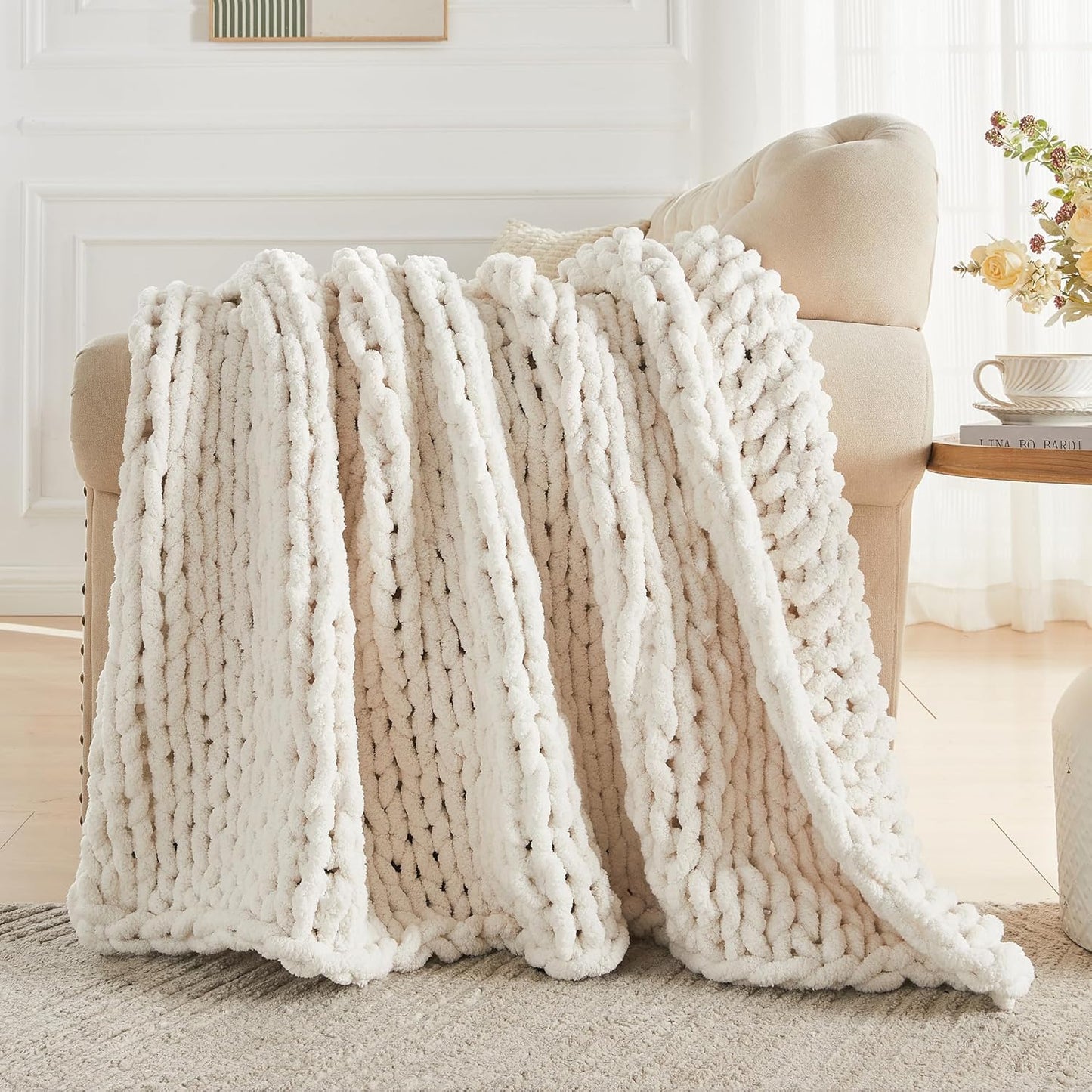 Carriediosa Chunky Knit Throw Blanket 60" X 80" Twin, 100% Hand Made Large Chenille Loop Yarn Soft Fluffy Throws for Couch Sofa Bed, Big Crochet Cozy Heavy Thick Cable Woven Blankets, Cream White