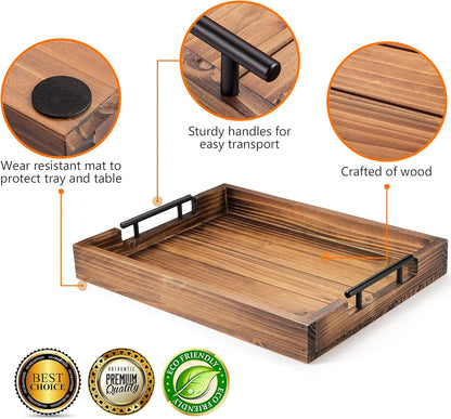 Ottoman Tray | Decorative Coffee Table Tray with Handles - Wooden, 17x13 Inch - Includes 4 Coasters - Ideal for Ottoman, Breakfast