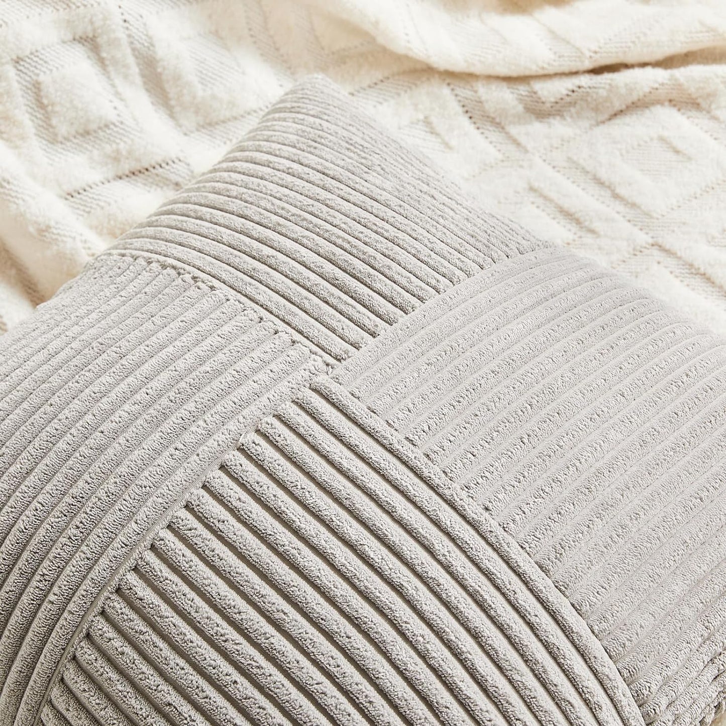 Fancy Homi 2 Packs Neutral Grey Decorative Throw Pillow Covers 16x16 Inch for Living Room Couch Bed, Rustic Farmhouse Boho Home Decor, Soft Corss Patchwork Corduroy Textured Square Cushion Case 40cm