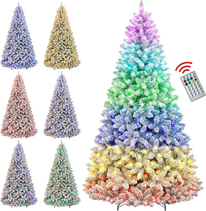 7.5ft Lighted Snow Flocked Christmas Tree with Remote Control, 450 Multi-Color RGB Lights, 1446 PVC Branch Tips, 15 Mode Artificial Hinged Christmas Tree for Home