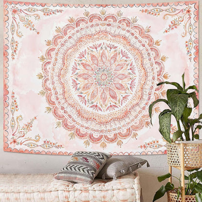 Fowocu Boho Floral Mandala Tapestry Wall Hanging Pink Bohemian Flower Medallion Tapestry Aesthetic Watercolor Hippie Indian Large Tapestries for Bedroom Living Room Dorm Decor 80 x 60 Inch