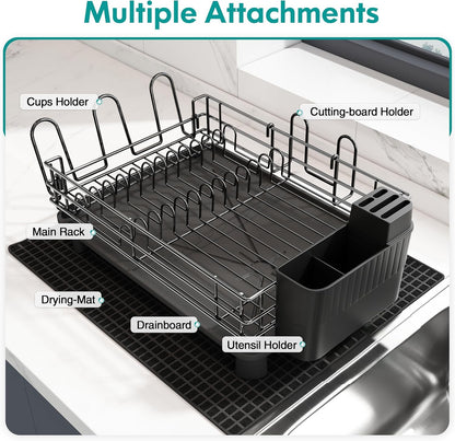 Black Stainless Steel Dish Drainers Drying Rack for Kitchen Counter with Drainboard Set, Rust Proof Metal, Space Saving, Modern Aesthetic, Compact Plates Strainers with Extra Mat