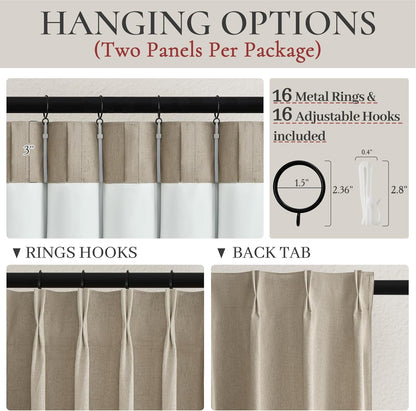 Black Out 96 Inch Long Boho Curtains 2 Panel Set, Farmhouse Curtains for Living Room Darkening/Thermal/Noise Reduction Textured Flax Linen Pinch Pleated Drapes 8ft Hook&Ring Included GreyBeige 40"x96"