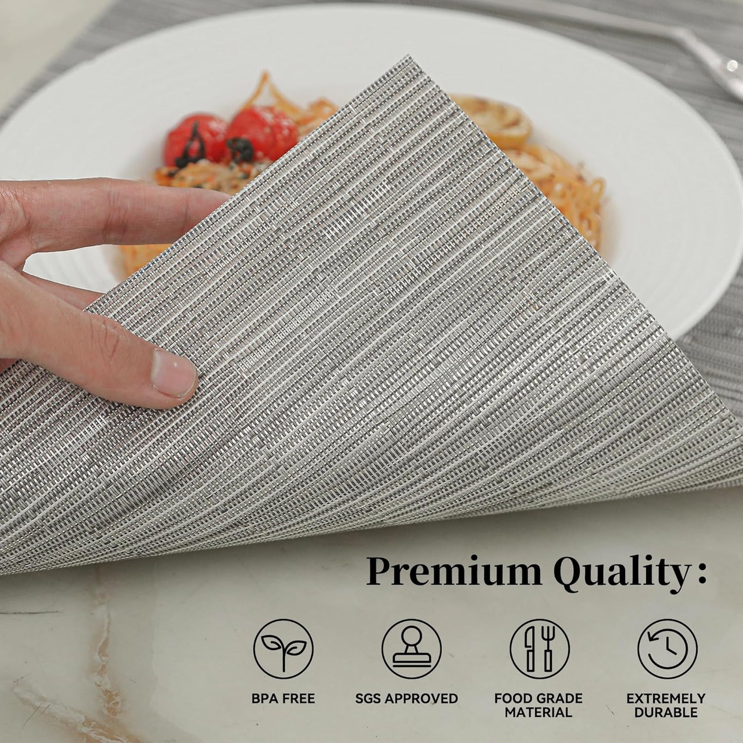 Leetaltree Silver Placemats Set of 6 - Heat Resistant Non-Slip Place mats for Dining Table, Washable Durable PVC Vinyl Woven Table Mats（Silver, 6）