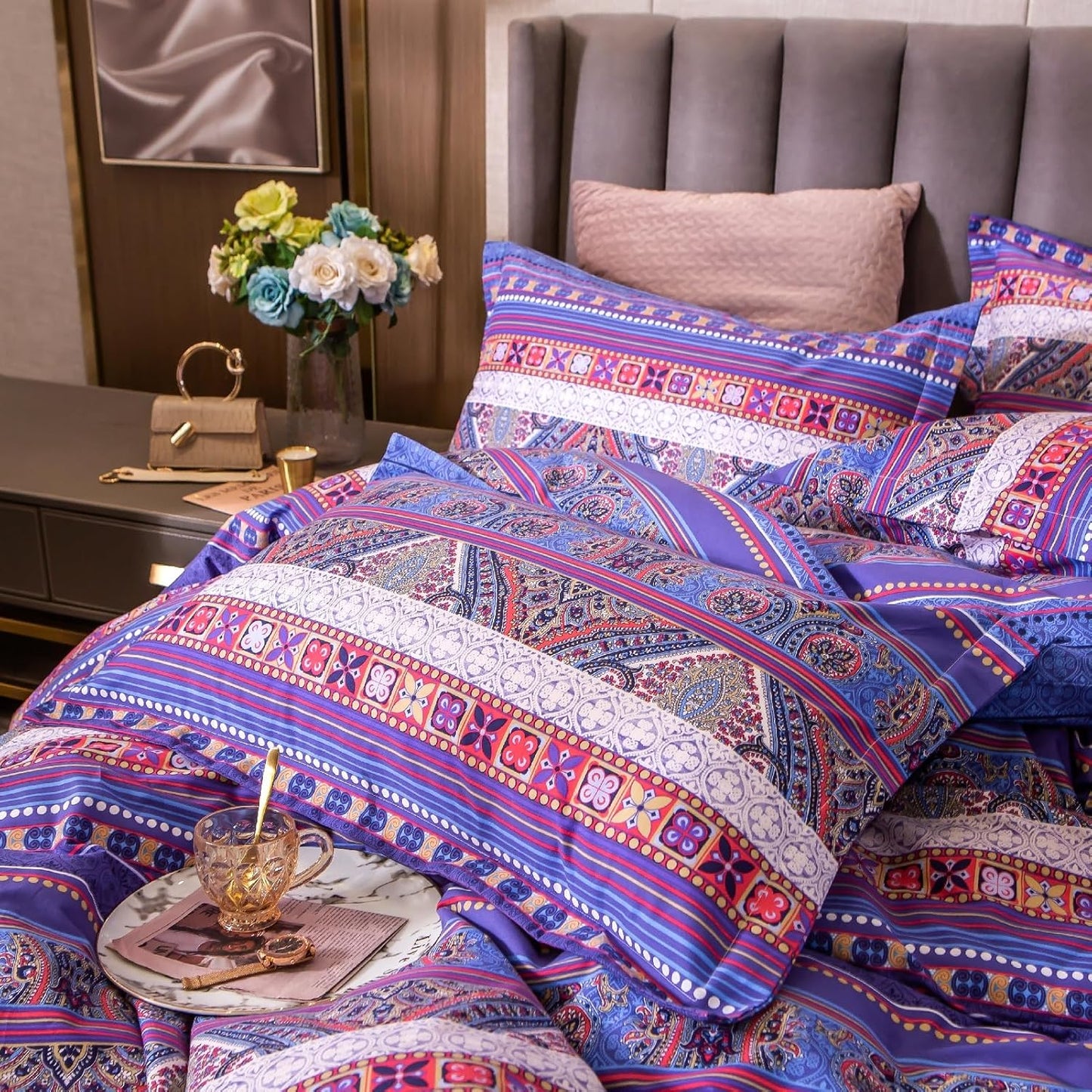 ABREEZE Bohemian Vintage King Size Floral Cotton Bedding Set 3Pcs Duvet Cover Set Boho Purple Paisley 100% Egyptian Brushed Cotton Reversible Home Bedding Collection