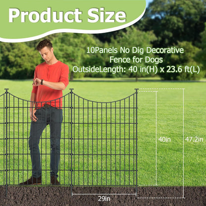 10 Panels Garden Fence Dog Fence Outdoor for Yard, 40in H x 23.6ft L Rustproof Metal Fencing with Ground Stakes | No Dig Animal Proof Containment for Pets/Rabbits | Durable Patio Security Panels