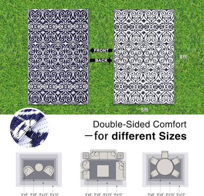 OLANLY Outdoor Rug Waterproof 5x8 ft Clearance, Reversible Outdoor Plastic Straw Rug with Floral Pattern, RV Mat for Patio, Camping, Balcony, Deck, Backyard, Navy & White