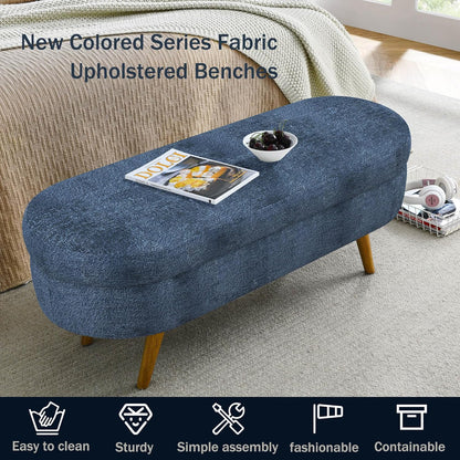 Oval Storage Bench 43.5" Linen Fabric Upholstered Entryway Bench with Solid Wood Legs Ottoman Bench Indoor Bench for Living Room/Bedroom/End of Bed/Entryway (Blue)