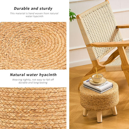 Handwoven Round Ottoman, Natural Water Hyacinth Outdoor Patio Pouf Seagrass Low Stool with Wood Legs, Soft Padded Footrest for Living Room Bedroom Garden, Natural