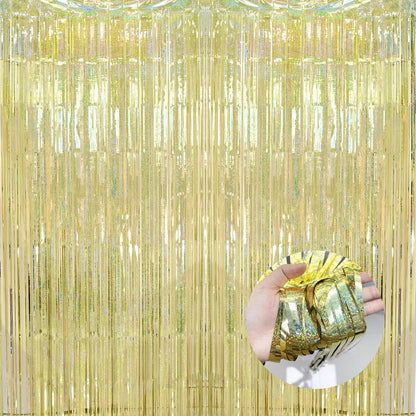BRAVESHINE Gold Tinsel Streamers Party Backdrop - 2 Pack 3.2x8.2ft Metallic Foil Fringe Curtain for Christmas/New Years/Prom/Birthdays/Engagement/Anniversary/Hawaiian/Luau Party Decorations