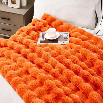 DREAMNINE Large Fuzzy Soft Fall Bubble Faux Rabbit Fur Blanket Full Size 70" x 80", Luxury Big Autumn Plush Fluffy Blankets for Bed, Cute Lovely Cozy Thick Warm Furry Blanket for Winter,Pumpkin Orange