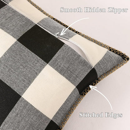 decorUhome Buffalo Plaid Check Throw Pillow Covers 22x22 Set of 2, Outdoor Decorative Farmhouse Neutral Pillow Covers with Stitched Edge for Bed Couch Sofa, Black and White