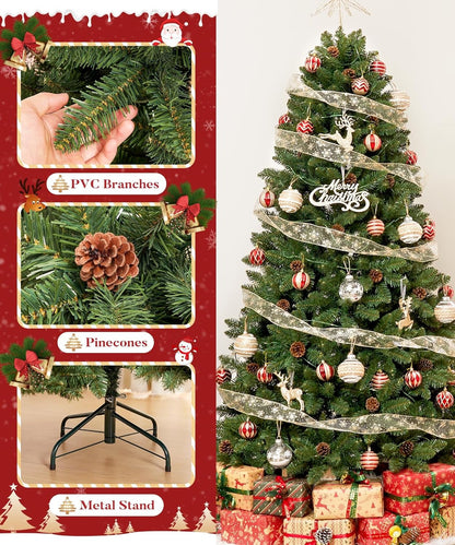 Decoway 5FT Artificial Christmas Tree: Unlit Green Xmas Pine with Pinecones and Metal Stand for Indoor - Holiday Decoration for Porch Living Room Easy Assembly