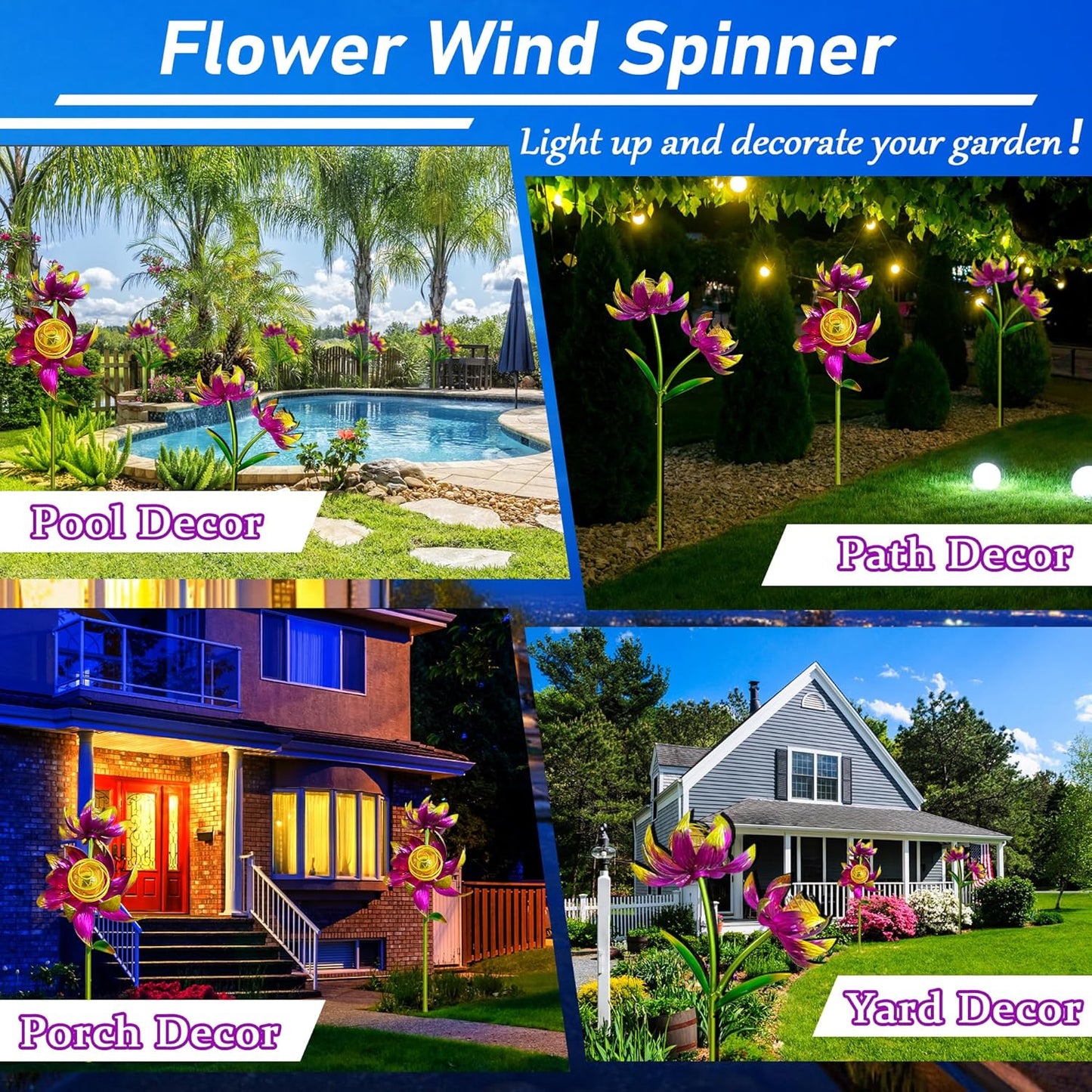 Solar Wind Spinner Outdoor, 63 Inch Metal Wind Spinner Yard Art with Lights - Twin Flower Design Pinwheels for Yard and Garden Decor, Solar Garden Decor