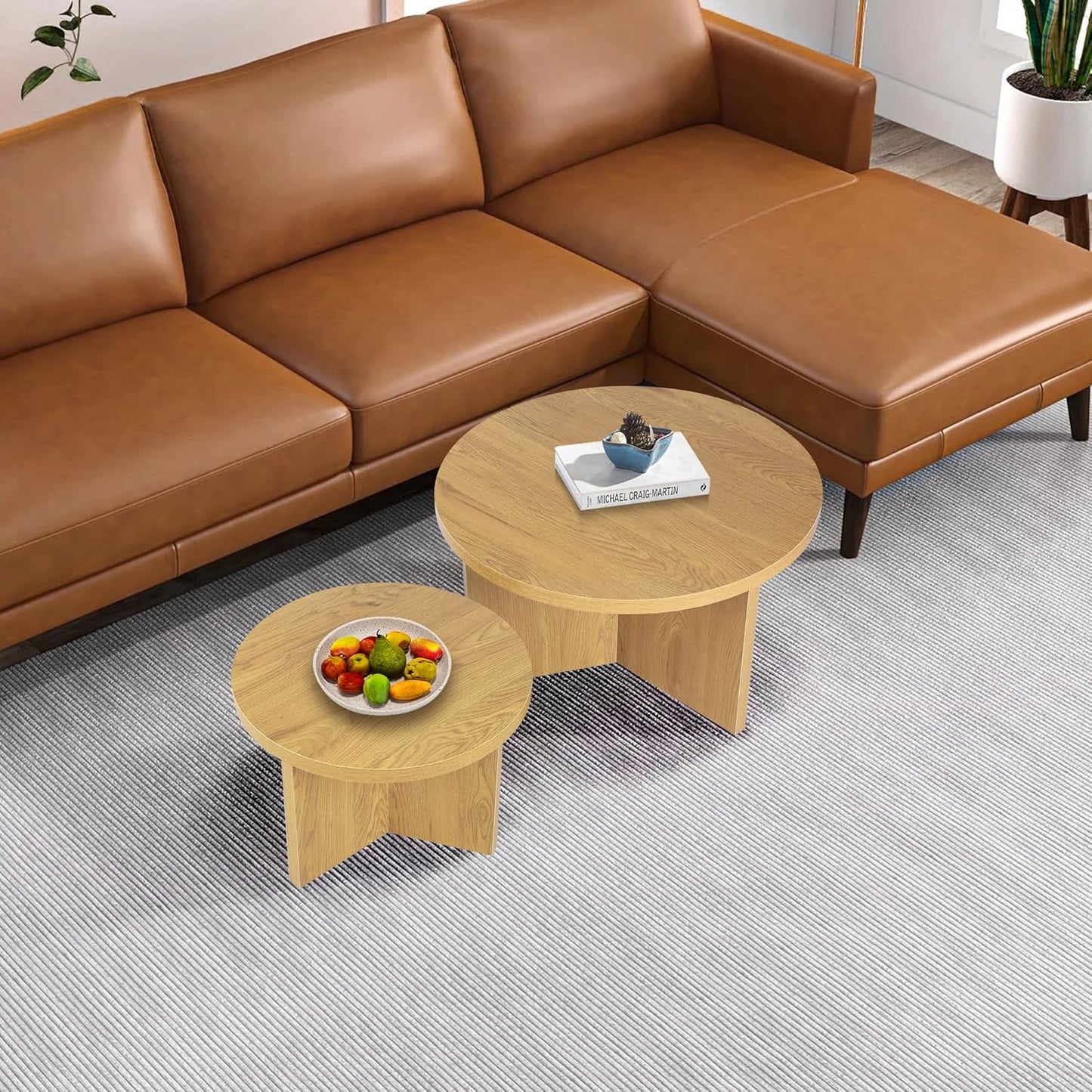 Round Nesting Coffee Tables Set of 2, Modern Stacking Table with Wood Grain Finish, End Table Side Tables for Living Room (Natural Oak)