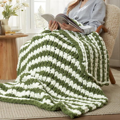 Amélie Home Chunky Knit Throw Blanket for Couch, Soft Chenille Crochet Blanket for Sofa, 50"x60", Sage Green & White Striped