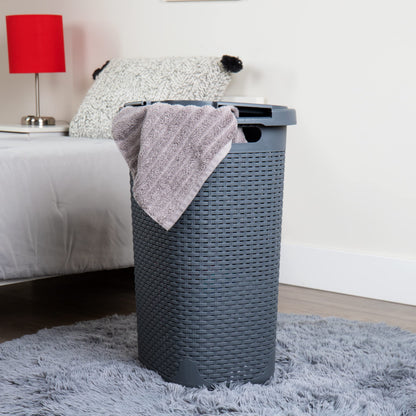 Mind Reader 60L Slim Laundry Hamper, Clothes Basket, Lid, Wicker Style, Plastic, 17.65"L x 13.75"W