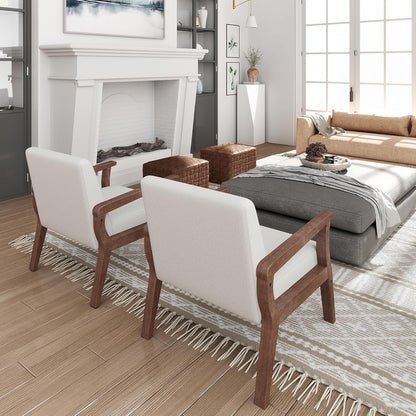HNY Mid Century Modern Accent Chairs Set of 2 with Wood Frames, Linen Upholstered Living Room Arm Chairs for Living Room, Bedroom, Ivory