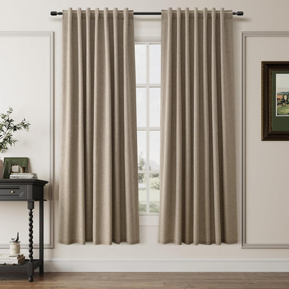 BOODII Linen Blackout Curtains for Bedroom 72 Inch Length 2 Panels Set Room Darkening Curtains Matcha Brown Black Out Curtain Neutral Thermal Insulated Living Room Winter Window Drapes Back Tab 52x72