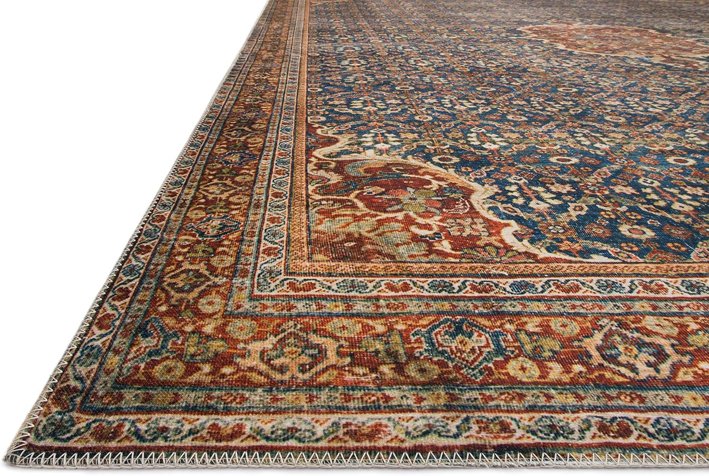 Loloi Layla Collection LAY-09 Cobalt Blue/Spice 2'-6" x 7'-6" .13" Thick Runner Rug, Soft, Durable, Vintage Inspired, Distressed, Low Pile, Non-Shedding, Easy Clean, Printed, Living Room Rug