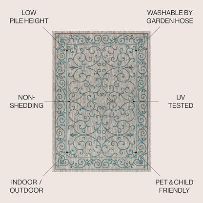 JONATHAN Y Vintage Filigree Indoor Outdoor Square Area Rug 9X9 Gray/Teal, Charleston Textured Weave for Backyard, Patio, Porch, Easy-Cleaning, High Traffic, Pet-Friendly, Non-Shedding (SMB106E-9SQ)