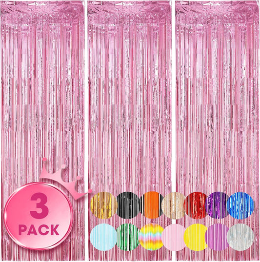 3 Pack 3.3 x 8.2 ft Light Pink Foil Fringe Backdrop Curtains, Tinsel Streamers Birthday Party Decorations, Fringe Backdrop for Graduation, Baby Shower, Gender Reveal, Disco Party