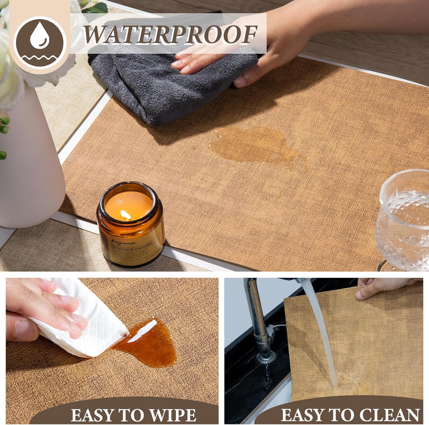 SUEH DESIGN Leather Placemats Set of 6 Reversible Table Mats Heat Resistant Waterproof No-Slip Place Mats for Dining Table Kitchen Parties, Camel and Beige