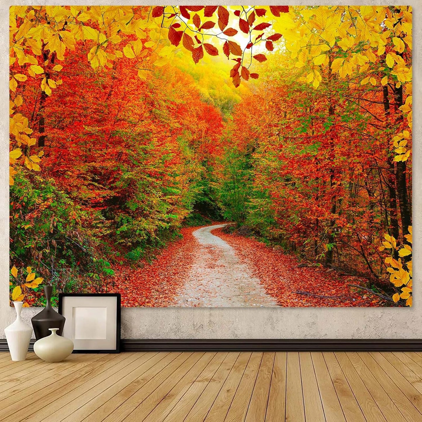 AMM Autumn Forest Tapestry Nature Fall Tree Thanksgiving Tapestry for Bedroom Aesthetic Autumn Path Yellow Red Fallen Leaves Landscape Tapestries Wall Hanging for Living Room Dorm 80 x 60 Inch