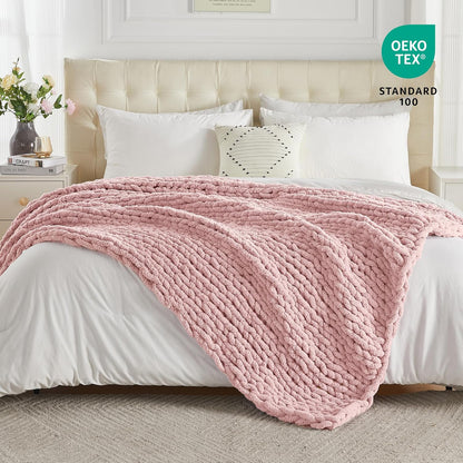 Carriediosa Chunky Knit Throw Blanket 50" X 60", 100% Hand Made Large Chenille Loop Yarn Soft Fluffy Throws for Couch Sofa Bed, Big Crochet Cozy Heavy Thick Cable Woven Blankets, Dusty Pink