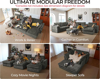 Oversized Modular Sofa Comfy Cloud Couch with Storage, Extra Deep Plush Sectional Sofa Set for Living Room, Covers Washable, Chenille, Olar (Grey, 6-Seater with 2 Ottomans, u-Shaped)