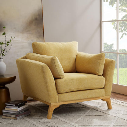 Large-Sized Accent Chair, Thick Cushion Bedroom Reading Chair, Comfortable Living Room Single Sofa, Linen Yellow