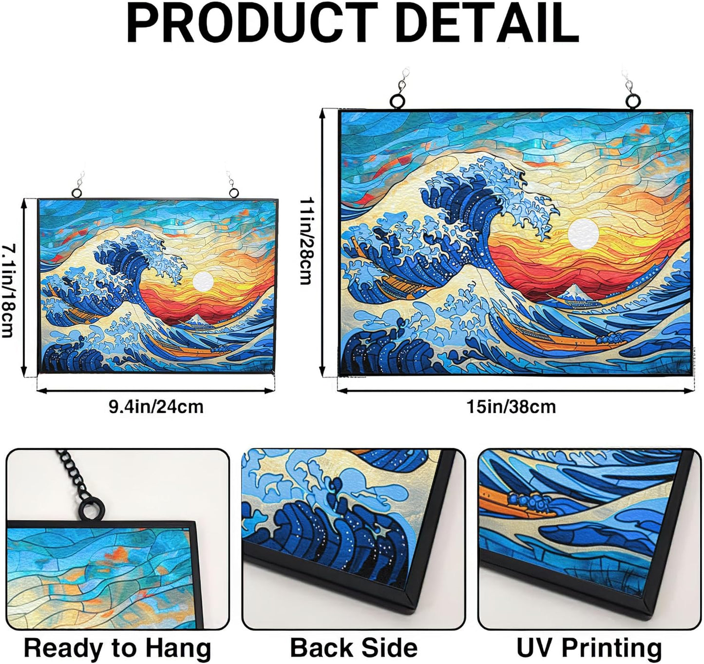 Rectangle Ocean Wave Suncatcher Stained Glass Window Hanging Handmade Stained Glass Suncatchers Metal Chain Outdoor Garden Decor Gift for Women Christmas Thanksgiving