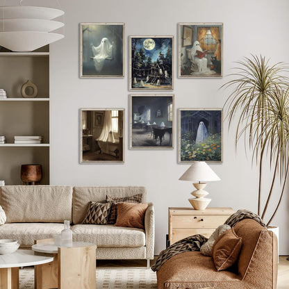 LANCHI95 6 Pcs 8x10in Halloween Wall Art Prints, Vintage Posters, Cute Ghost Pictures for Bedroom Decor (UNFRAMED)