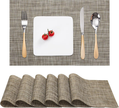 Myir JUN Placemats Set of 6, Vinyl Woven Placemats Place Mats Indoor Washable Table Mats Non-Slip Place mats for Dining Table (Caramel, Set of 6)