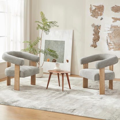 VKNOW Accent Chair Living Room Chair Set of 2, Modern Upholstered Armchair with Solid Wood Legs, Comfy Barrel Arm Chairs for Living Room Bedroom, Light Grey