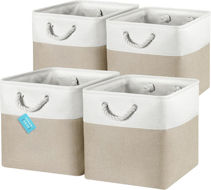 OrganiHaus 13x13 Cube Storage Bins 4 Pack, Foldable Cube Storage Organizer w/ Rope Handles, Collapsible Fabric Bins for Toys, Clothes & Closet Organization, Fabric Square Baskets - Beige/White