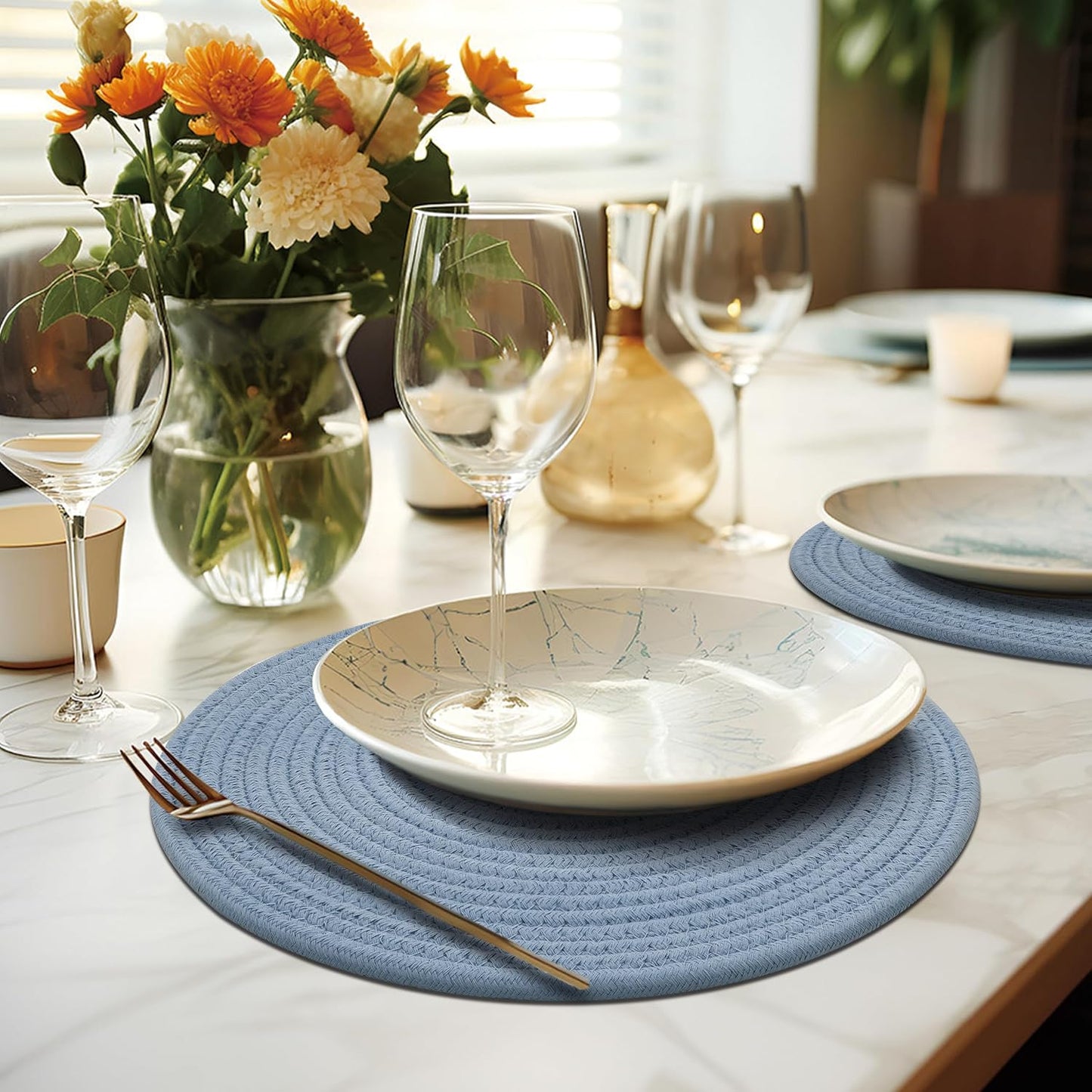 Round Placemats Set of 6, Cotton Rope Woven Table Mats, Hot Pads for Kitchen, Non Slip Heat Resistant Place Mats, 13 Inches Braided Placemat for Farmhouse Decor and Kitchen Table Decor (Blue)