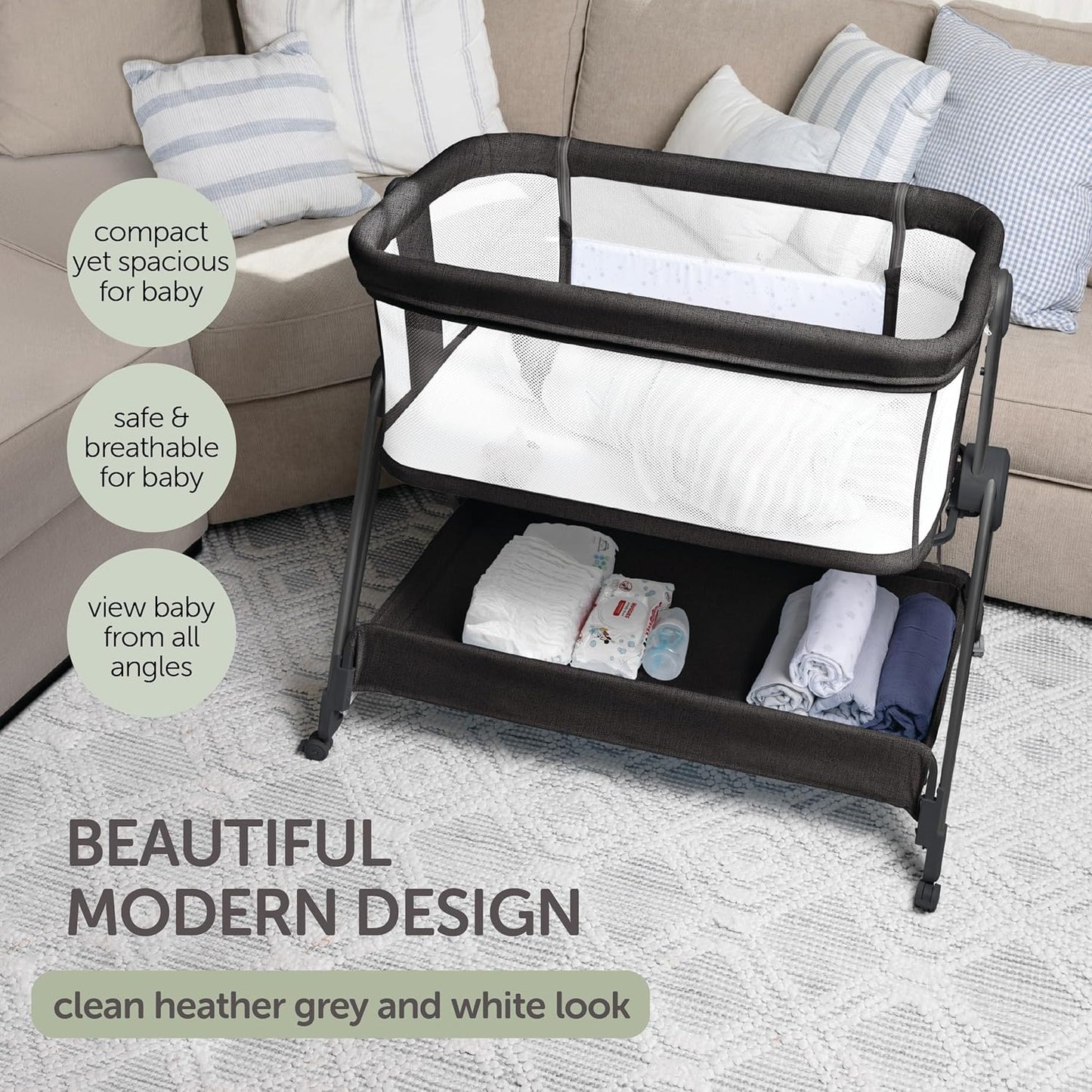 Baby Bedside Sleeper - Bassinet & Bedside Crib with Height Adjustment & Wheels - Can Be Placed Next to Bed - Attaches to Parents Bed - Easy to Fold & Carry Bassinet (Grey)