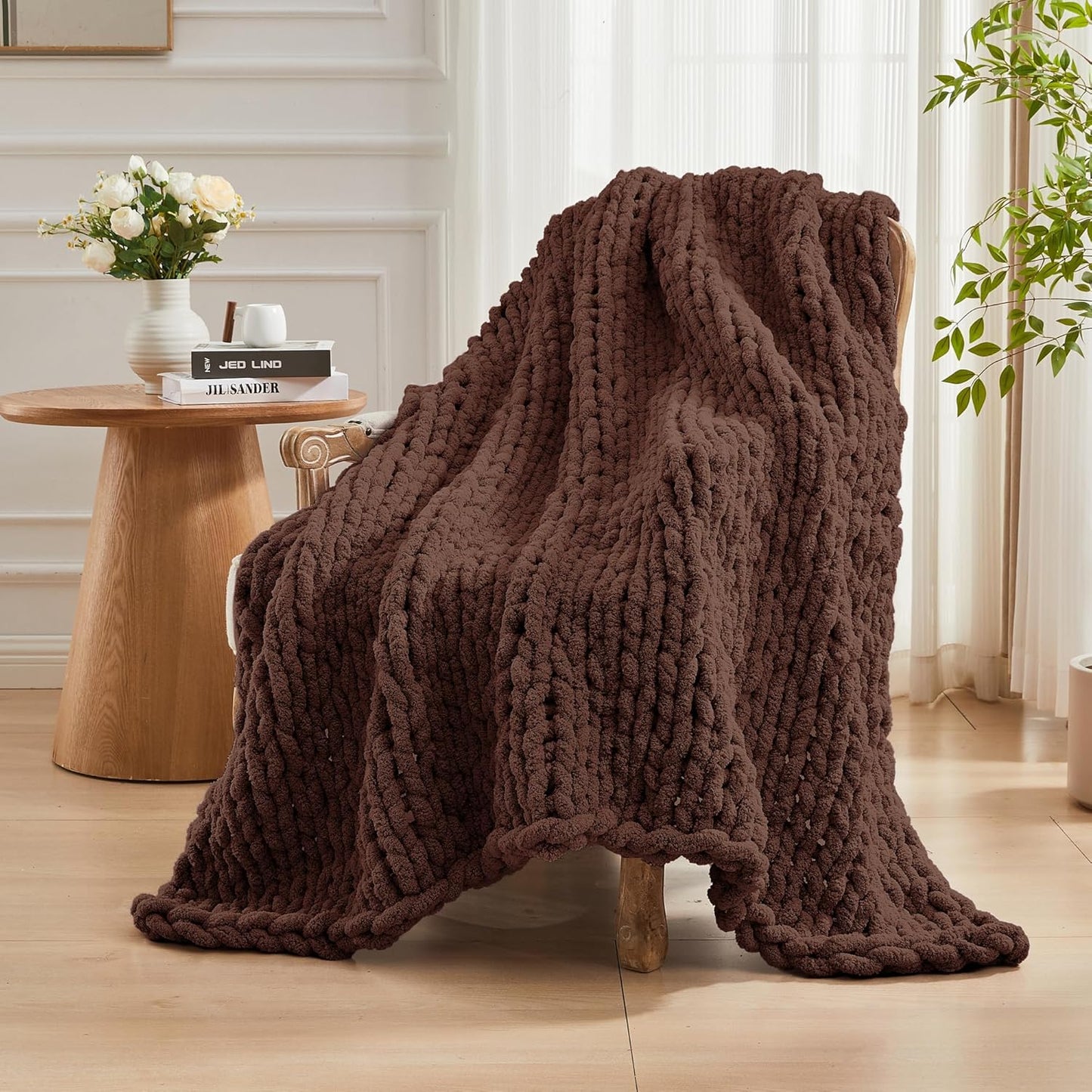 Carriediosa Chunky Knit Throw Blanket 50" X 60", 100% Hand Made Large Chenille Loop Yarn Soft Fluffy Throws for Couch Sofa Bed, Big Crochet Cozy Heavy Thick Cable Woven Blanket, Cocoa Brown