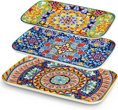 vancasso Serving Platters Set of 3, 16"/14"/12" Inch Rectangular Trays - Serving Platter Extra Large, Bohemian Ceramic Serving Dish for Entertaining Food, Microwave & Dishwasher Safe, Vintage