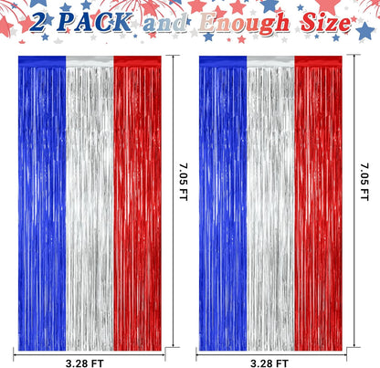 2 Pack 4th of July Party Supplies, 3.28 FT x 7.05 FT 4th of July Tinsel Backdrop, Blue Silver Red Color Fringe Curtains Streamer Backdrop, 4th of July Photo Backdrop Party Decorations