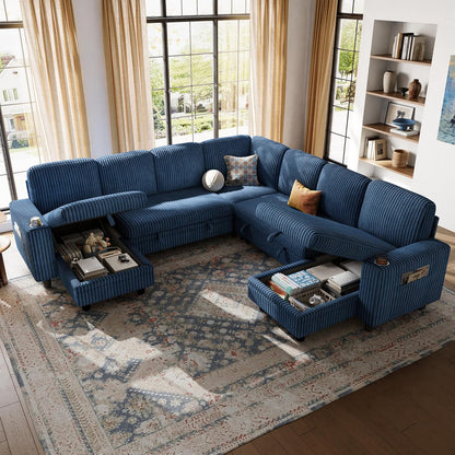 LINSY HOME Sectional Sleeper Sofa with Pull Out Couch Bed - Convertible Plush Corduroy Cloud Couch with Storage Chaise & USB Charging, Comfy Modular Couches for Living Room, Blue