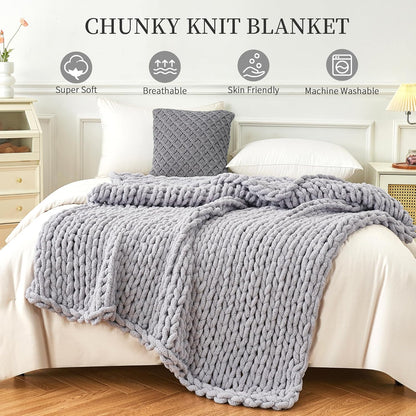 Admitrack Chunky Knit Blanket Throw, 100% Hand Knit Chenille Throw Blanket for Sofa & Home Decor, Soft and Cozy Knitted Throw Blankets (Light Gray，51"x63")