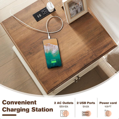 T4TREAM Nightstand with Charging Station, 18 Inch Vintage End Table with 2 Drawers, Wood Rustic Sofa Side Table with Open Storage Shelf for Bedroom, Living Room, Antique White