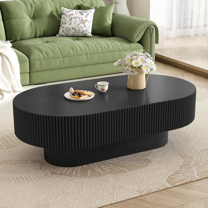 43.3" Oval Fluted Coffee Table Modern Elegant Drum End Table, Minimalist Center Table 7.8" Thick Tabletop with Sturdy Base for Living Room, Bedroom, Apartment,Easy Assembly, Black