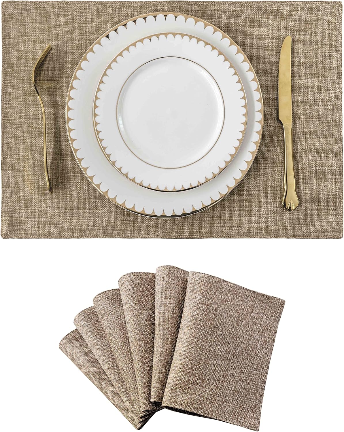 Home Brilliant Fabric Cotton Placemats Set of 6 Heat Resistant Dining Table Place Mats Kitchen Table Mats, Natural Linen