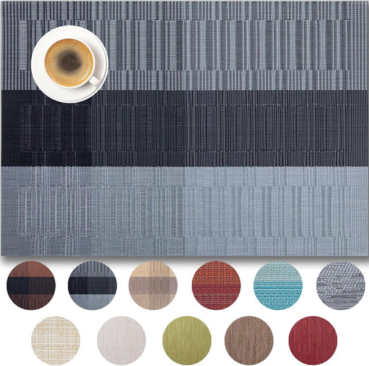 Placemats Set of 8 - Easy Clean Woven Vinyl Placemats for Dining Table, Indoor/Outdoor Place Mats, Washable PVC Table Mats （Silver Gray Black）