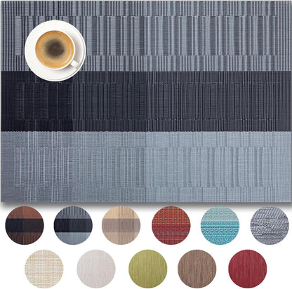 Placemats Set of 12 - Easy Clean Woven Vinyl Placemats for Dining Table, Indoor/Outdoor Place Mats, Washable PVC Table Mats （Silver Gray Black）
